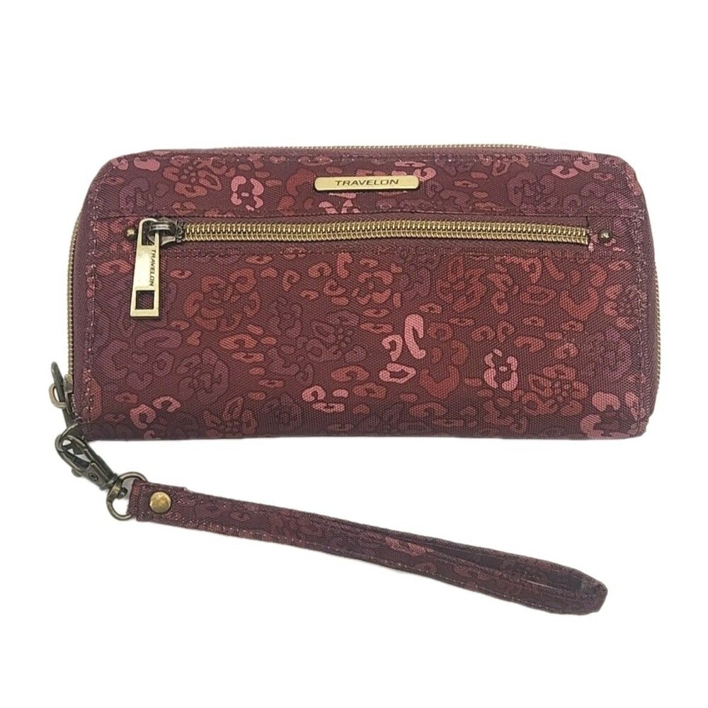 Travelon Wallet Wristlet Burgundy Floral Nylon 7.5"x4" Card Organizer Coin Zip - Picture 8 of 12